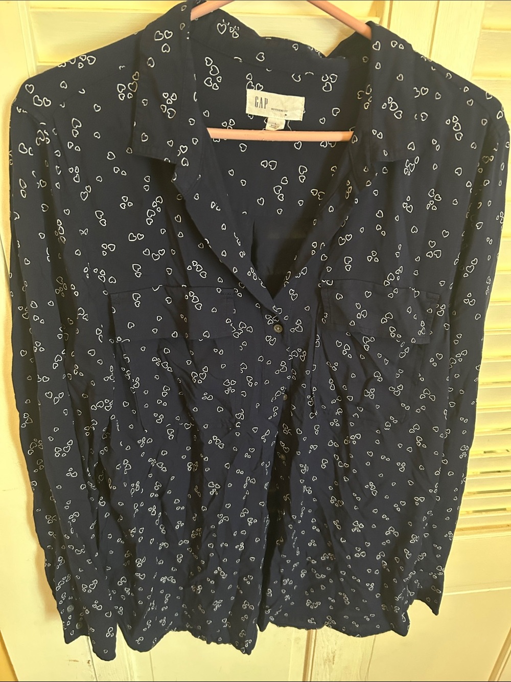 GAP Navy Button-Down Shirt with White Heart Print